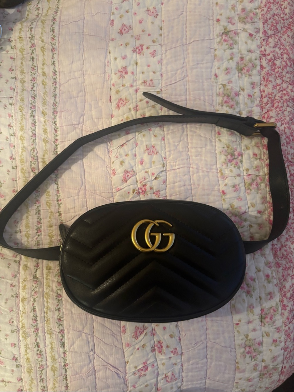 Gucci Black Leather Quilted Crossbody Belt Bag with Gold Double G